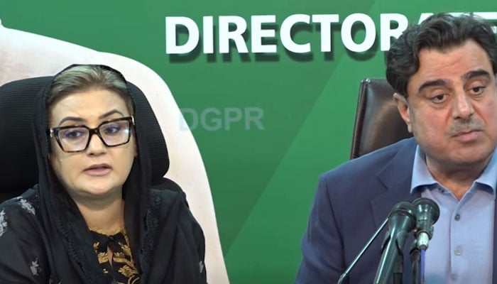 Punjab Housing and Urban Development Minister Bilal Yasin (right) and Information Minister Azma Bukhari held a joint press conference on May 25, 2026. — Screengrab via Facebook@GovtofPunjabPK