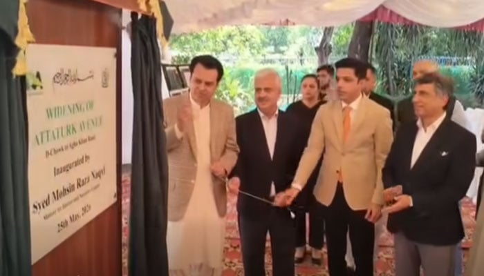 Minister of State for Interior Talal Chaudhry (left) inaugurates the Islamabad Ataturk Avenue Expansion Project on May 25, 2026. — Screengrab via Facebook@Ministry of Interior GoP