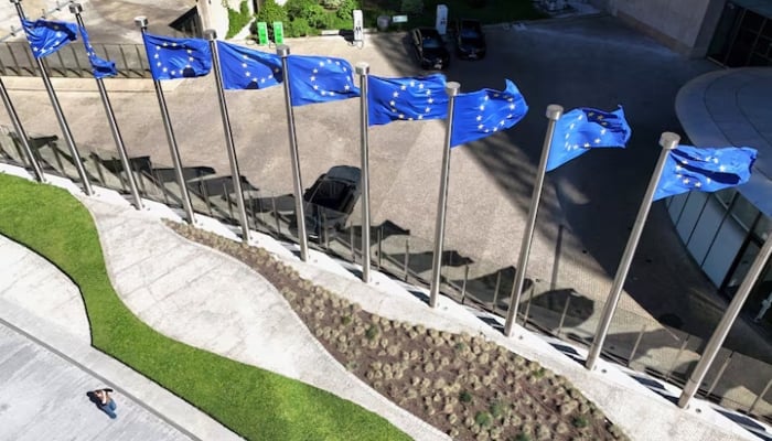 A drone view shows the European Union flags outside the European Commission headquarters, known as the Berlaymont building in Brussels, Belgium, April 29, 2026.—Reuters