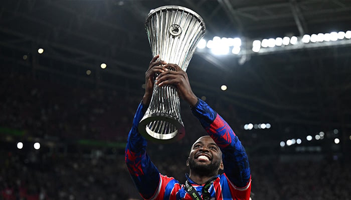 Crystal Palaces Jean-Philippe Mateta celebrates with the trophy after winning the UEFA Conference League. — Reuters/File