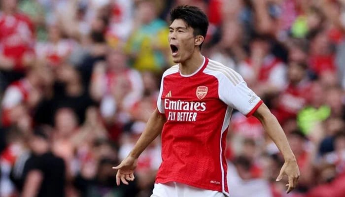 Arsenals Takehiro Tomiyasu celebrates scoring their first goal at Emirates Stadium, London, Britain, May 19, 2024. — Reuters