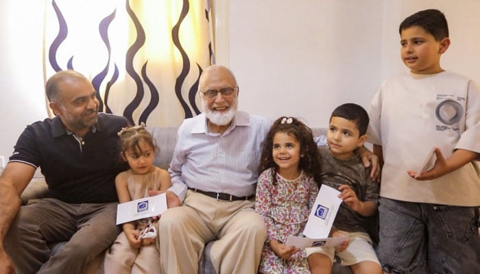 Professor Dr Hafeezur Rahman, President of Alkhidmat Foundation (AKF) Pakistan, pictured with children and refugees affected by the Gaza war in Egypt on May 28, 2026. — Facebook@alkhidmat.org