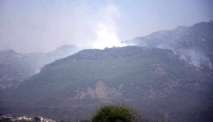 A view of smoke rising during fire erupted on Margalla Hills forest in the Federal Capital on May 29, 2026. — Online