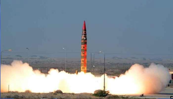 The representational image shows a surface-to-surface missile launch of Hatf IV Shaheen-1A nuclear-capable intermediate range ballistic missile by Pakistan. — ISPR/File