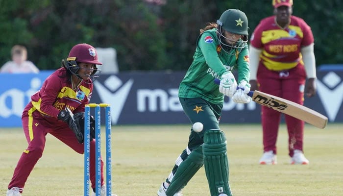 Pakistans Rameen Shamim plays a shot during their T20I tri-series match against West Indies at the Castle Avenue in Dublin on May 29, 2026. — X/@TheRealPCB