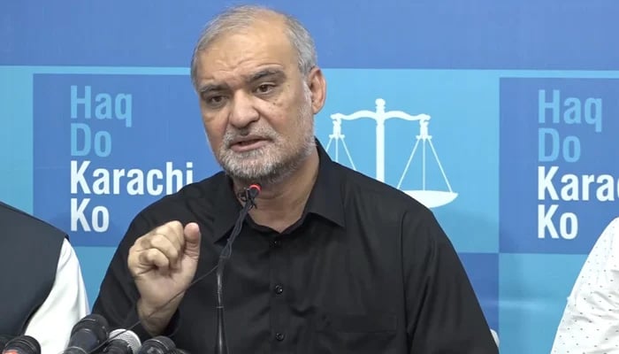 Jamaat-e-Islami Emir Hafiz Naeemur Rehman speaks during a press conference in Karachi in this still on November 13, 2023. — Facebook/Hafiz Naeem ur Rehman