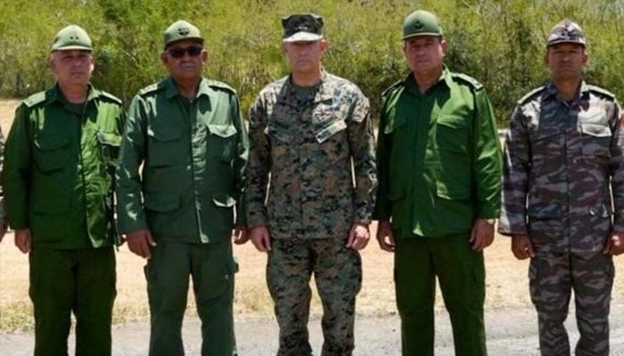 This photo shared by US Southern Command shows US Commander General Francis L. Donovan (C) with Cuban military leaders during their meeting in Guantanamo Bay, Cuba. —AFP