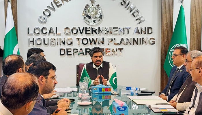 Sindh Local Government Minister Syed Nasir Hussain Shah chairs a meeting of the provincial local government department on June 1, 2026. — Facebook@SNasirHussainshah