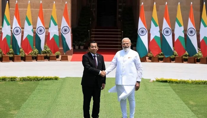 Myanmars President Min Aung Hlaing shakes hands with Indias Prime Minister Narendra Modi before their meeting at the Hyderabad House in New Delhi, India on June 1, 2026. — Reuters