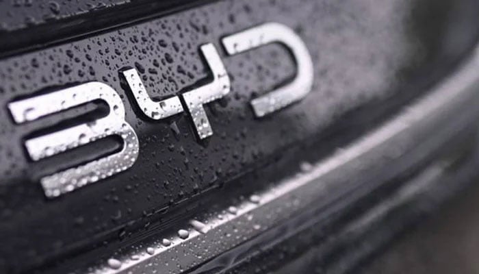 The image displays a close-up of the logo of BYD, a major Chinese multinational manufacturing conglomerate, on a dark, wet surface on the rear of a vehicle. — Facebook@bydpakistan/File
