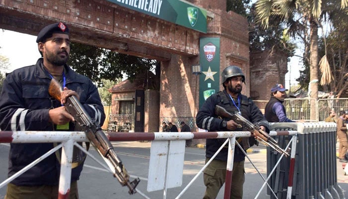 Security Personnel stand guard during the first T20 Match Between Pakistan and Australia at Gaddafi Stadium in Lahore on January 29, 2026. — Online