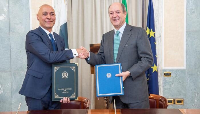 Pakistans Ambassador to Italy Ali Javed and Italys Secretary General for Foreign Affairs Ambassador Riccardo Guariglia pose for a picture after the signing of pact. — Pakistani Embassy in Rome