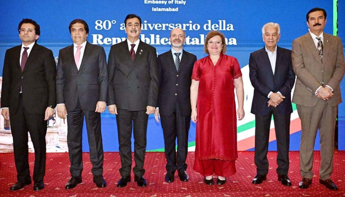 Chairman of the Senate, Syed Yousaf Raza Gilani, poses for a group photograph with the Ambassador of Italy to Pakistan, H.E. Marilina Armellin and distinguished guests at the National Day celebration of the Italian Republic on June 3, 2026. — APP