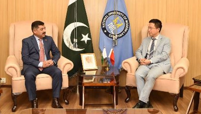 Wang Shengjie, Political and Press Counsellor at the Chinese Embassy in Pakistan (right), in a meeting with Rector NUML, Major General (R) Shahid Mahmood Kayani, during a visit to the NUML on June 3, 2026. — APP