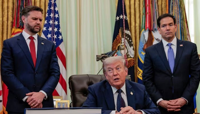 US President Donald Trump speaks in the Oval Office, with Vice President JD Vance and Secretary of State Marco Rubio standing behind him, at the White House in Washington, DC, US, April 23, 2026.—Reuters