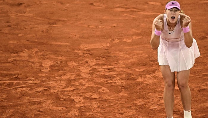 Mirra Andreeva celebrates after beating Marta Kostyuk. —AFP