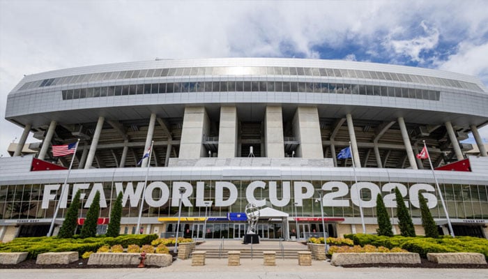 A freshly installed FIFA World Cup 2026 sign hangs over the entrance at Kansas City Stadium. —AFP/File