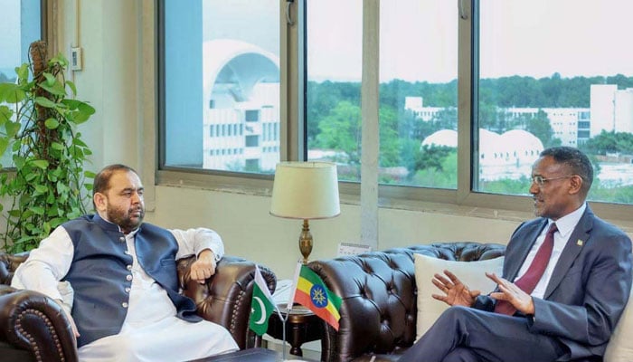 Ambassador Extraordinary and Plenipotentiary of Ethiopia, Dr Oumer Hussien Oba (right), in a meeting with Federal Minister for National Heritage and Culture Aurangzeb Khan Khichi at his office on June 4, 2026. — APP