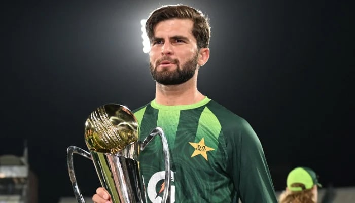 Pakistan captain Shaheen Shah Afridi pictured the trophy after winning the ODI series against Australia at Gaddafi Stadium on June 04, 2026, in Lahore. — AFP
