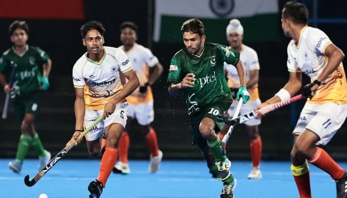 India and Pakistan hockey players were pictured in action during the second semifinal of the U18 Hockey Asia Cup 2026 at the Kawasaki Heavy Industries Hockey Stadium in Kakamigahara, Japan, on June 5, 2026. — Asian Hockey Federation