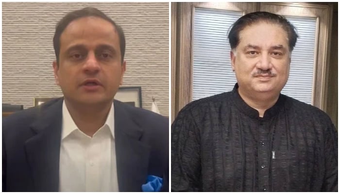 This collage shows Karachi Mayor Barrister Murtaza Wahab (left) and Pakistan Muslim League-Nawaz (PML-N) leader Khurram Dastgir (right). — Facebook@KmcPakistan/@Kdastgirkhan/File