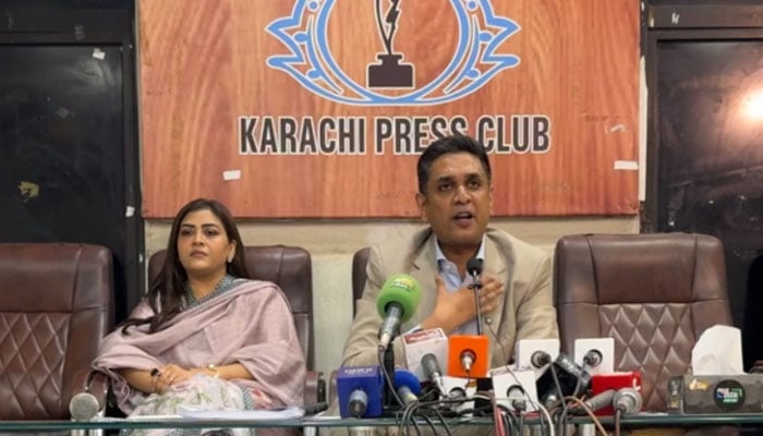 Sukkur Mayor and Spokesperson for the Sindh government, Barrister Arslan Islam Sheikh, addresses a press conference at the Karachi Press Club on June 5, 2026. — Screengrab via Facebook@BRArsalanShaikh