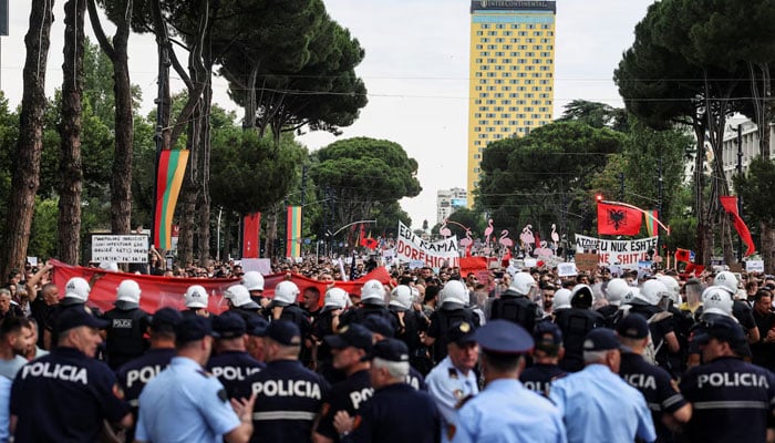 Demonstrators clash with police during a protest against a planned luxury resort backed by a company linked to Jared Kushner, the son-in-law of US President Donald Trump, on an environmentally sensitive part of the Adriatic coast, in Tirana, Albania, June 3, 2026.—Reuters