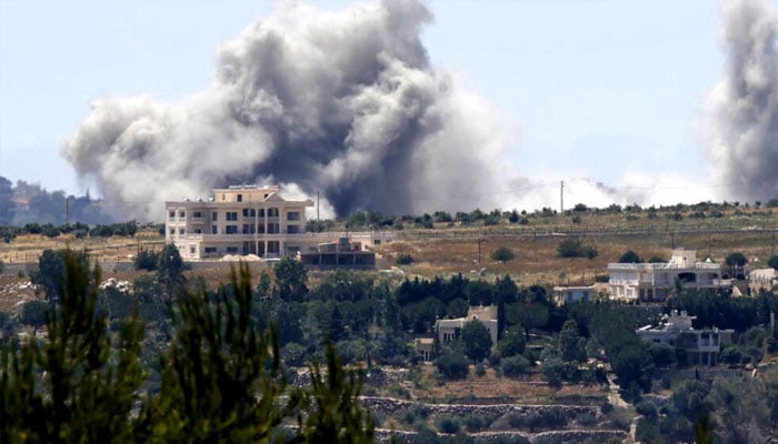 Smoke rises from an Israeli bombardment near the village of Kfar Tibnit in southern Lebanon. —AFP