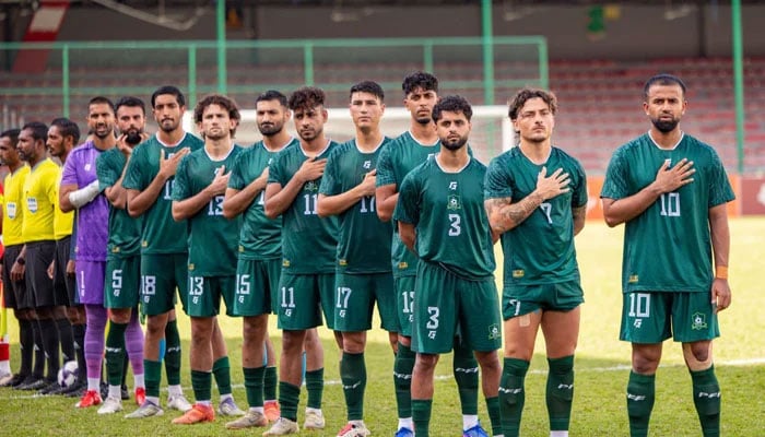 Pakistan football team pictured during the national anthem ahead of their Diamond Jubilee International Football Tournament match against Afghanistan at the National Football Stadium in Male on June 7, 2026. – Football Association of Maldives