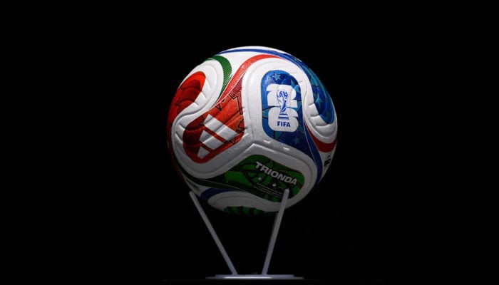 A detailed view of the Adidas TRIONDA FIFA World Cup match ball prior to the international friendly match between Australia and Switzerland at Snapdragon Stadium on June 06, 2026 in San Diego, California. —AFP