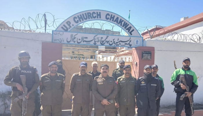 Punjab police personnel standing guard outside the church on March 16, 2025. — Facebook@PunjabPolicePakistanOfficial
