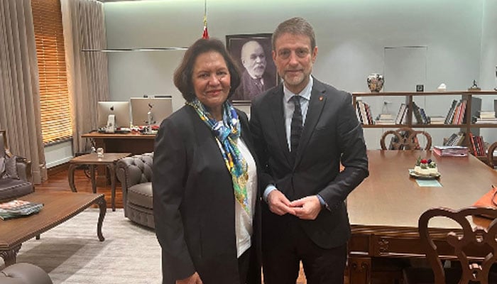 Tahseen Sayed, Honourary Consul for Albania in Pakistan (left), pictured with Ferit Hoxha, Albania’s Minister for Europe and Foreign Affairs, after a meeting. — APP/File