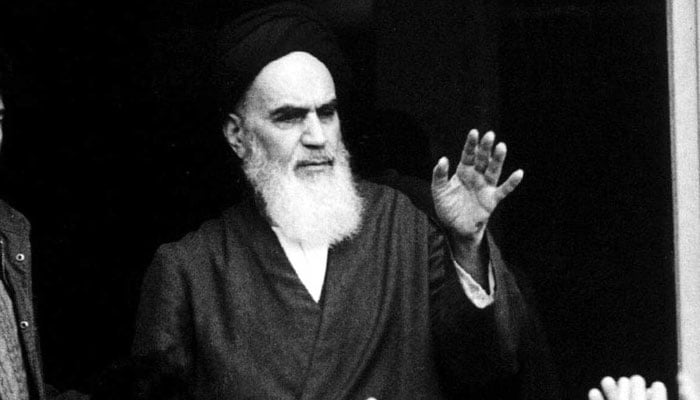 The late leader and founder of the Islamic revolution, Ayatollah Imam Khomeini, speaks from a balcony of the Alavi school in Tehran, Iran, during the countrys revolution in February 1979. — Reuters