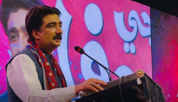 Sindh Minister for Culture and Tourism Syed Zulfiqar Ali Shah speaks at the fourth Ghamnak Hussaini Literary Festival in Hyderabad on June 7, 2026. — Screengrab via Facebook@MPAZulfiqarAliShah
