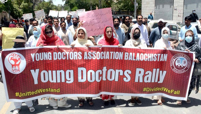 Activists of the Young Doctors Association hold a protest rally in favour of their demands in Quetta on June 7, 2026. — INP