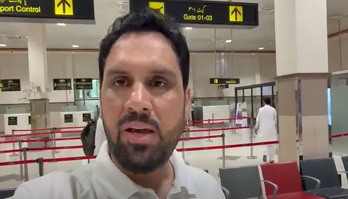 Provincial minister Meena Khan Afridi speaks during a video message at the Bacha Khan International Airport on June 7, 2026. — Screengrab via Facebook@IMeenaKhanOfficial