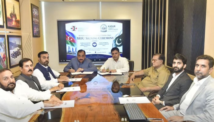 An image from a MOU signing ceremony between the Azerbaijan-Pakistan Joint Chamber of Commerce and Industry (APJCCI) and Kasur Chamber of Commerce and Industry on June 8, 2026. — Screengrab via Facebook@ahsan.bakhtawari.71