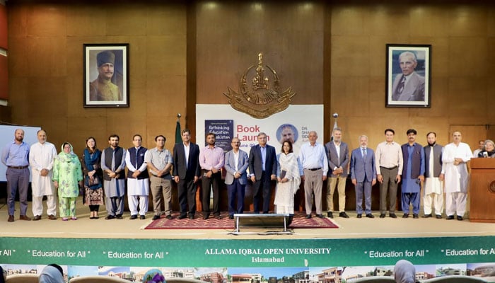 Participants pose for a photo at a launching ceremony of the book “Rethinking Education in Pakistan: Perceptions, Practices and Possibilities” at Allama Iqbal Open University (AIOU) on June 9, 2026. — Facebook@AIOU.OfficialAccount