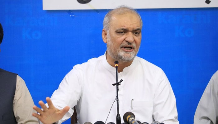 Jamaat-e-Islami (JI) chief Engr Hafiz Naeemur Rehman addresses a press conference at the JI Karachi headquarters Idara Noor-e-Haq, on June 9, 2026. — Facebook@HafizNaeemRehman