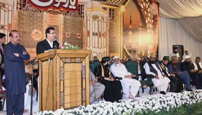Chairman Senate Syed Yousaf Raza Gilani addresses the annual Urs celebrations at Eidgah Sharif, Rawalpindi, on June 8, 2026. — Facebook@Pakistansenate