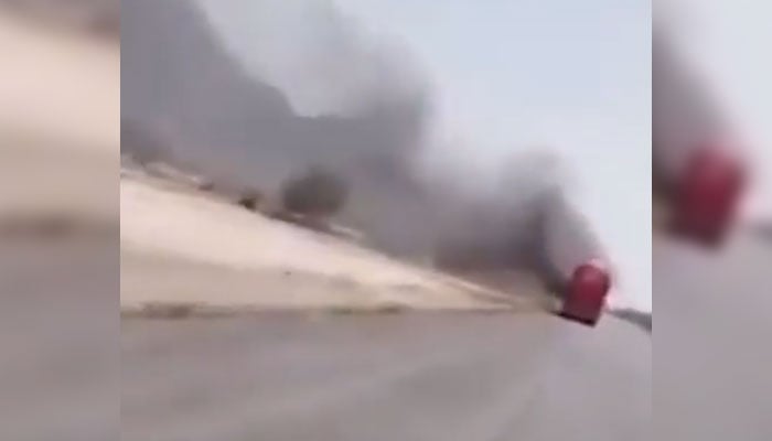 This screengrab taken on June 10, 2026, shows smoke billowing from LPG bowsers in the Mall area of Nushki district. — X@samartoor3086