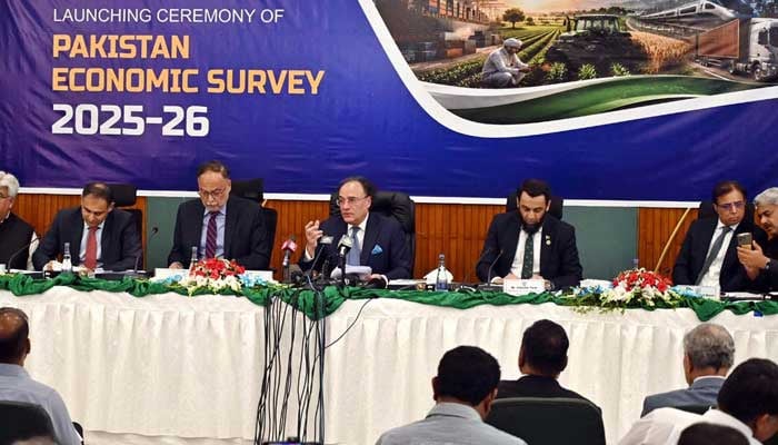 Finance Minister Muhammad Aurangzeb is addressing the launching ceremony of Pakistan Economic Survey 2025-26 in Islamabad, on June 11, 2026. — APP