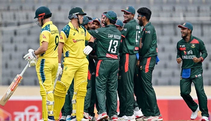 Bangladesh players celebrate after Mustafizur Rahman dismisses Marnus Labuschagne (second from left) during the first ODI against Australia at the Shere Bangla National Stadium in Mirpur, Dhaka, on June 9, 2026. — AFP