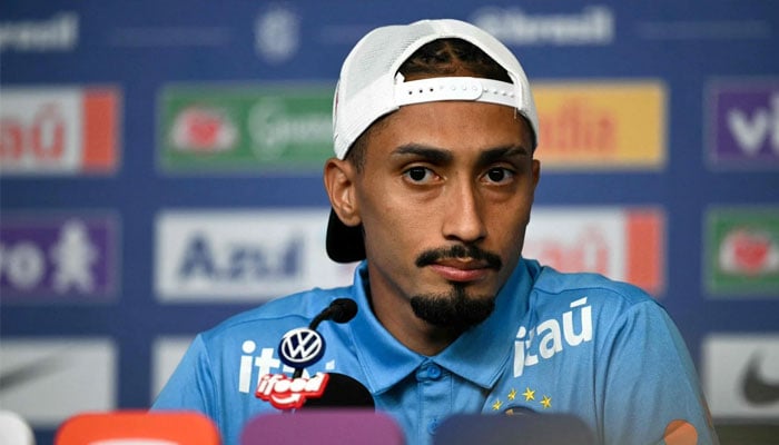 Brazils forward Raphinha gives a press conference.—AFP/File