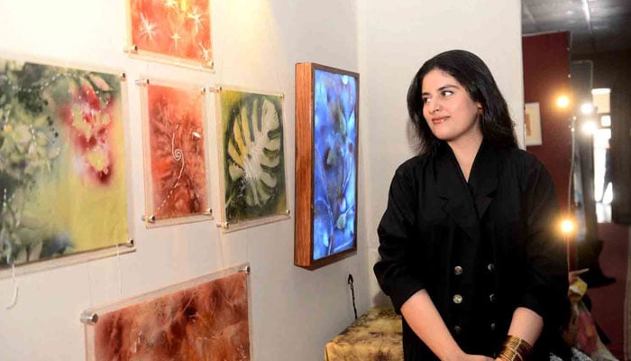 A girl looking at paintings during the the Government College University (GCU) BFA Graphic Design and Painting Degree Show 2026 on June 11, 2026. — gcu.edu.pk