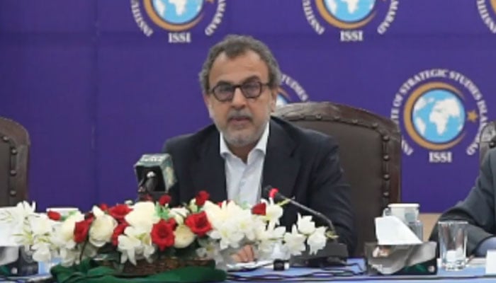 Federal Minister for Energy Awais Leghari addressing a webinar on “Pakistan-Russia bilateral relations at the c of a shifting global order” organised here by Institute of Strategic Studies Islamabad (ISSI) in collaboration with University of World Civilisations, Moscow on June 11, 2026. — Screengrab via YouTube@moepowerdivisionofficial