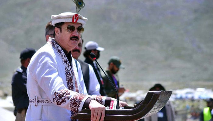 Governor Khyber Pakhtunkhwa Faisal Karim Kundi addressing during the opening ceremony of Shandur Polo Festival 2026 on June 11, 2026. — APP
