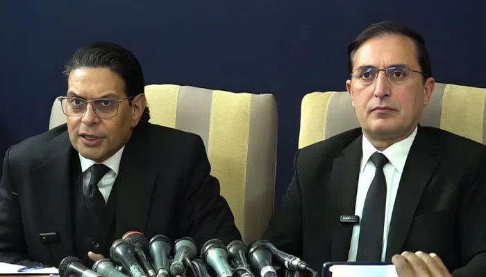 PTI Chairman Barrister Gohar Ali Khan (right) and Secretary General of the party Salman Akram Raja speak to the media on January 8, 2026.— Geo News