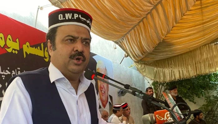 Qaumi Watan Party (QWP) provincial Chairman Sikandar Hayat Khan Sherpao addresses a gathering on October 17, 2024. — Facebook@SikandarSherpao.official
