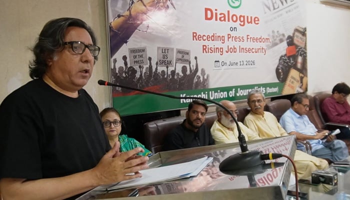Karachi Press Club President Fazil Jamili addresses an event titled Dialogue on Receding Press Freedom and Rising Job Security organised by the Karachi Union of Journalists (Dastoor) at the Karachi Press Club on June 13, 2026. — Facebook/@fazil.jamili